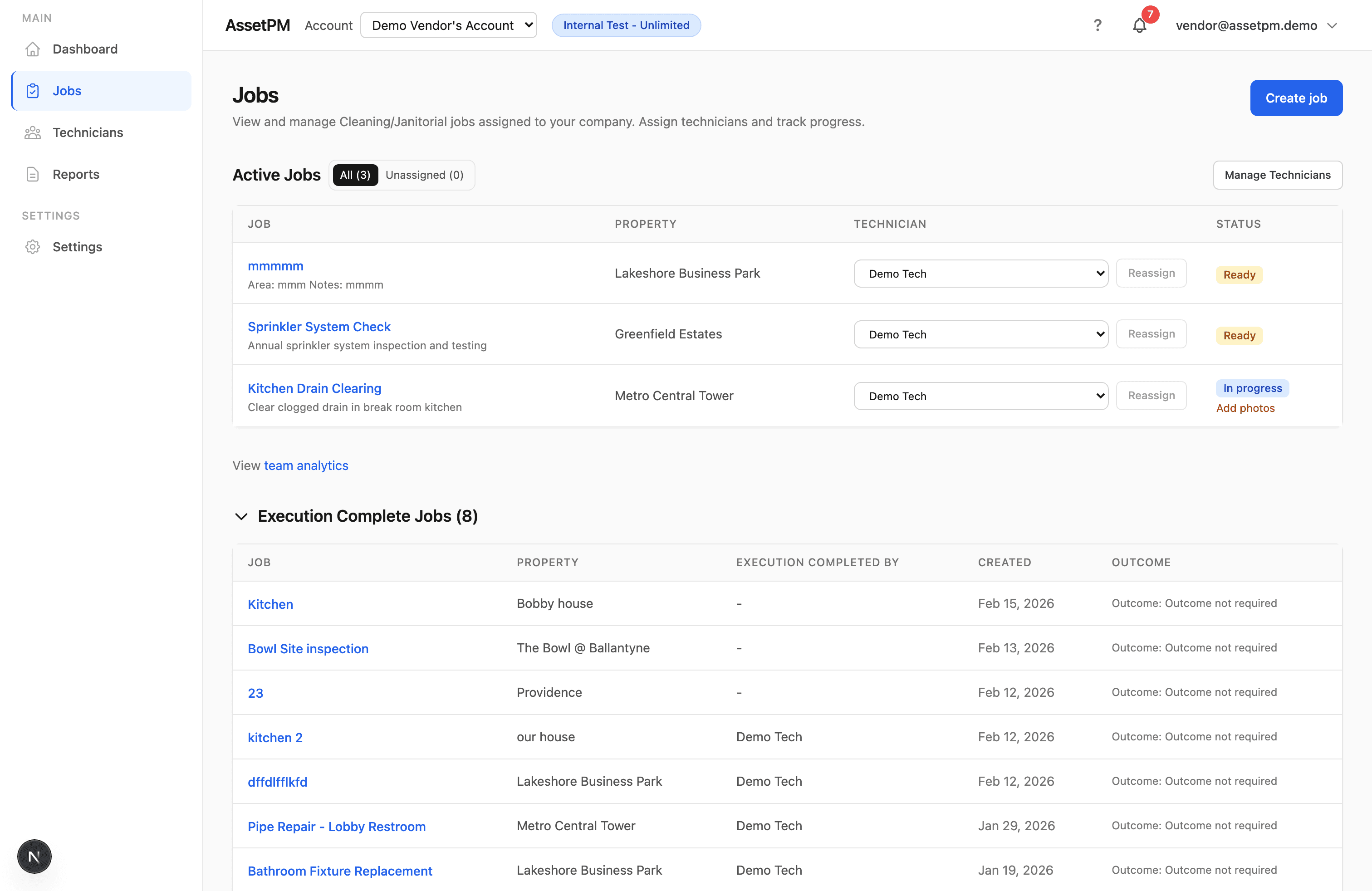 Vendor jobs list view showing active and completed jobs with technician assignment