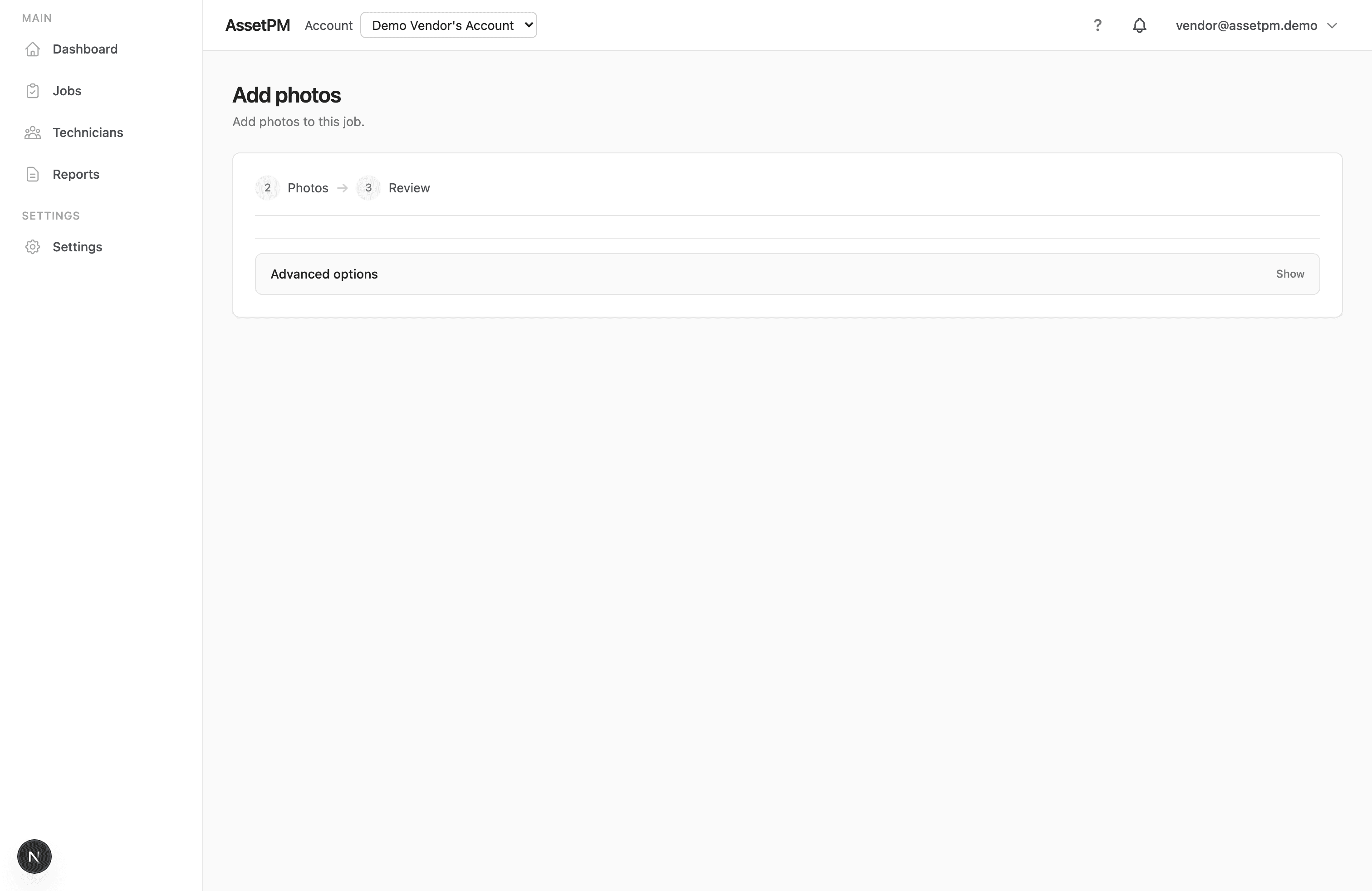 Add photos screen tied to a job context