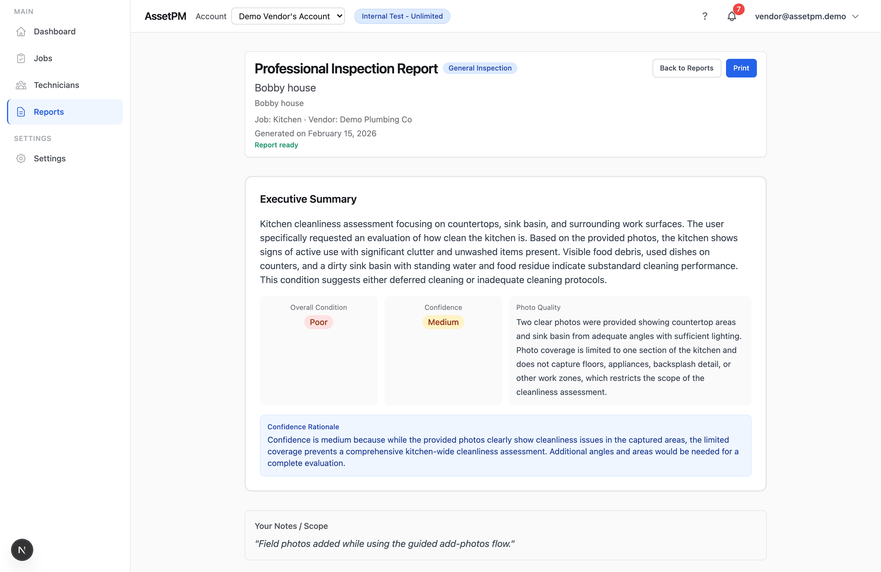 Professional inspection report view with summary, findings, and structured sections