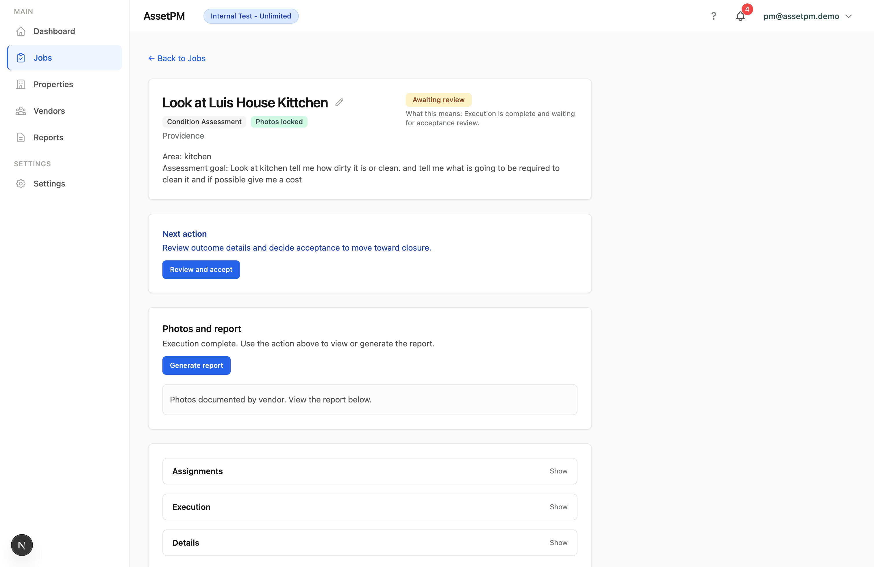 PM job detail with next action to review and accept outcome